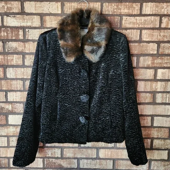 Cole B Black Faux Persian Lamb Teddy Jacket Fur Collar Lined Pockets NWOT Size M - Picture 1 of 7